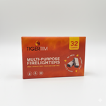Box of TigerTim multi-purpose firelighters on a white background