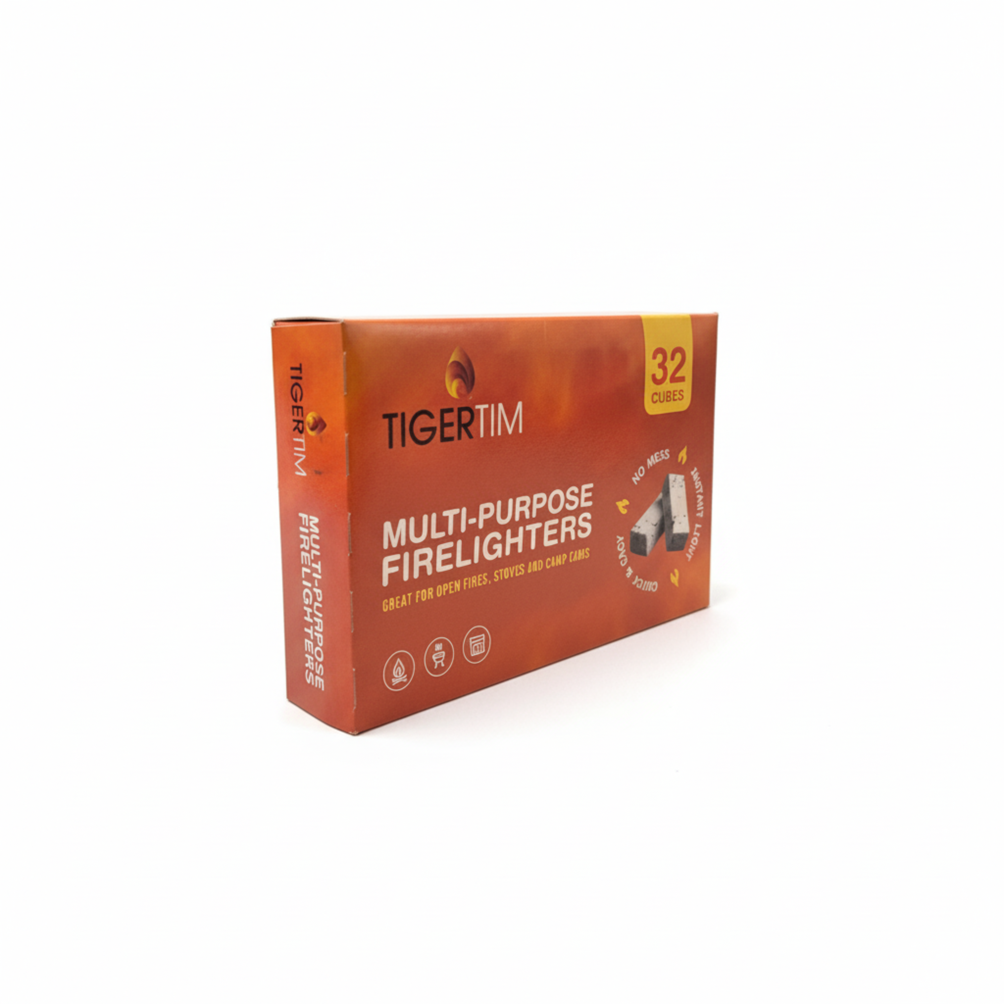 Box of Tiger Tim multi-purpose firelighters on a white background