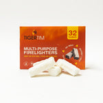 Box of TigerTim multi-purpose firelighters with firelighters in front on a white background