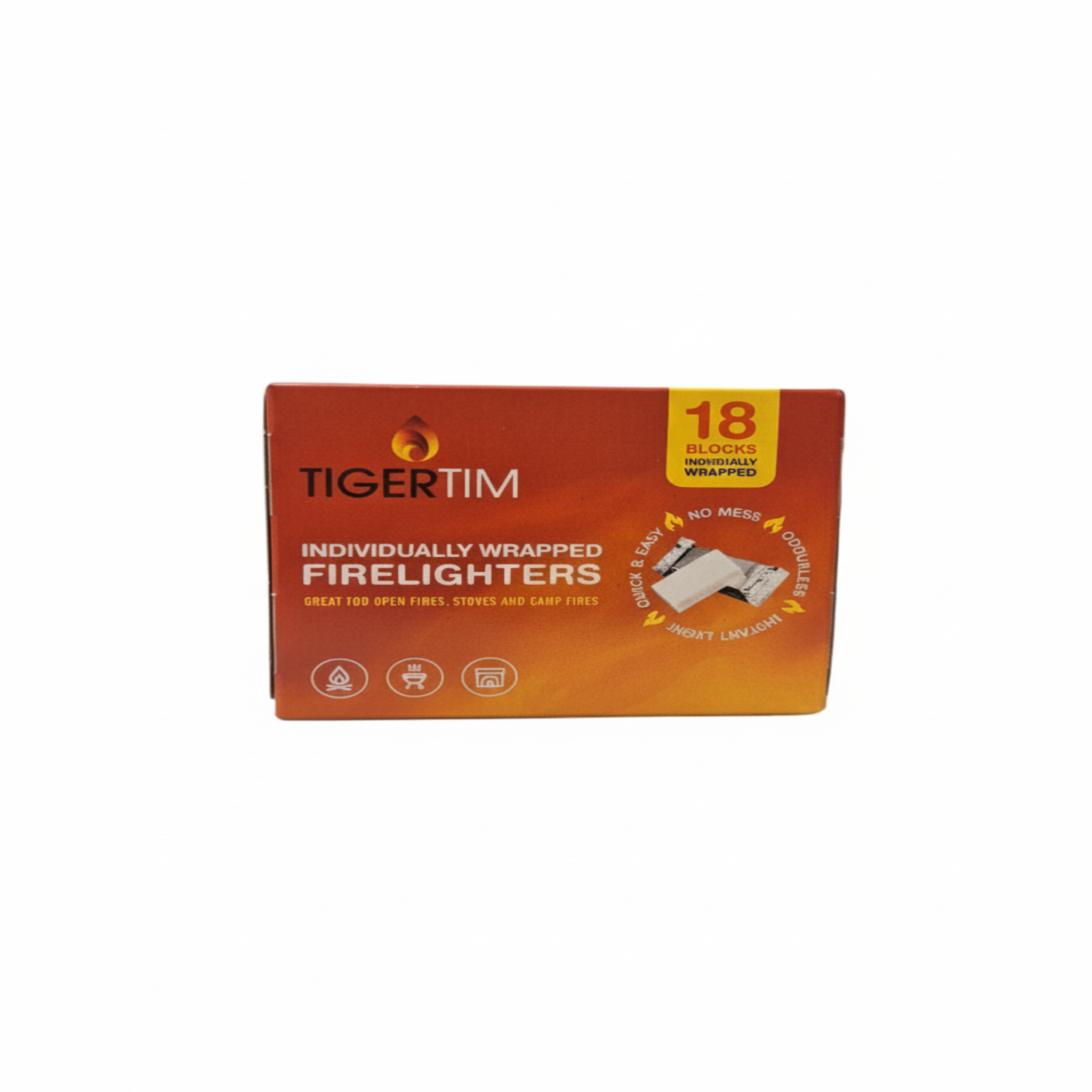 Box of TigerTim firelighters with 18 individually wrapped blocks on a white background
