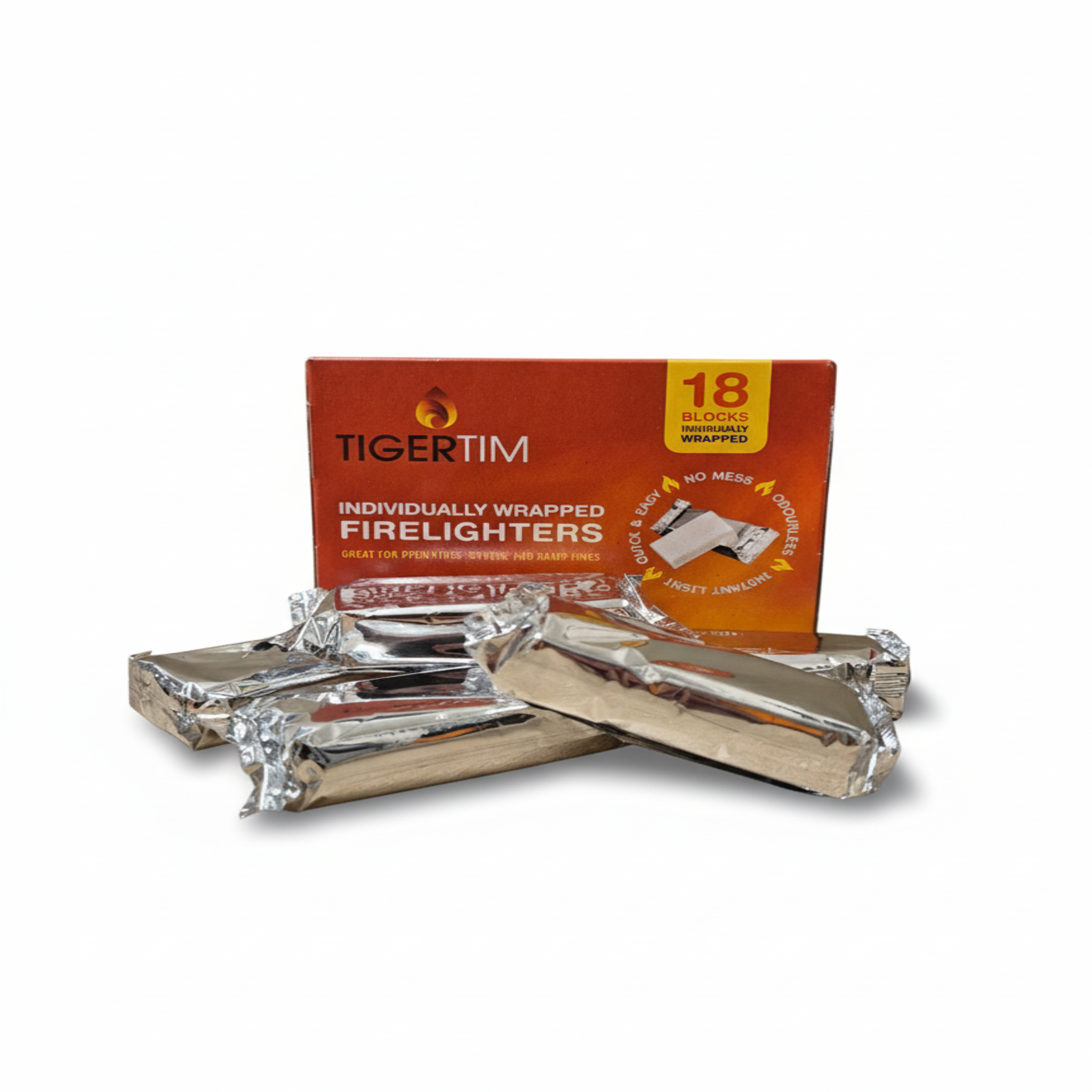Tigertim firelighters with packaging on a white background