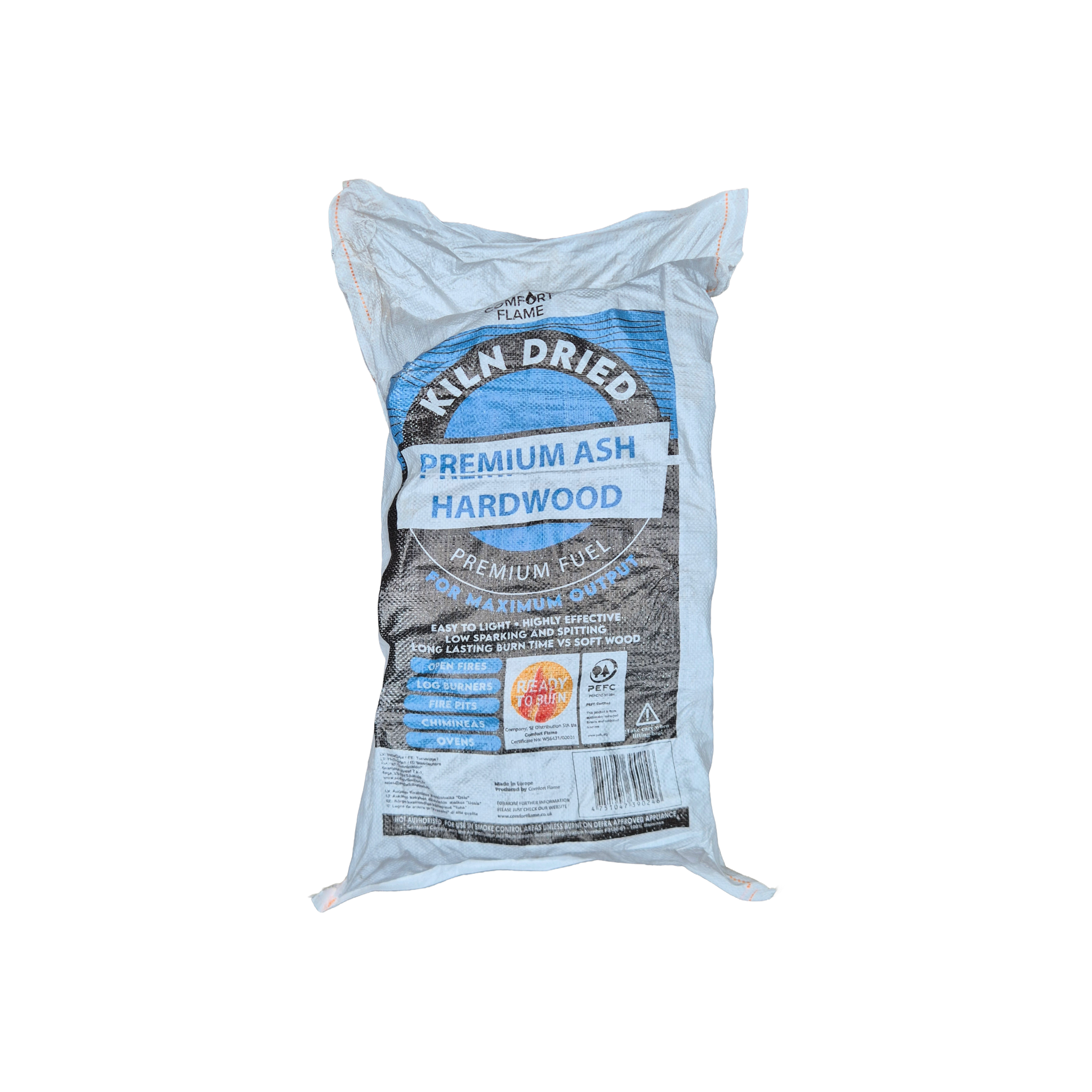 White stitched bags of kiln-dried Ash logs