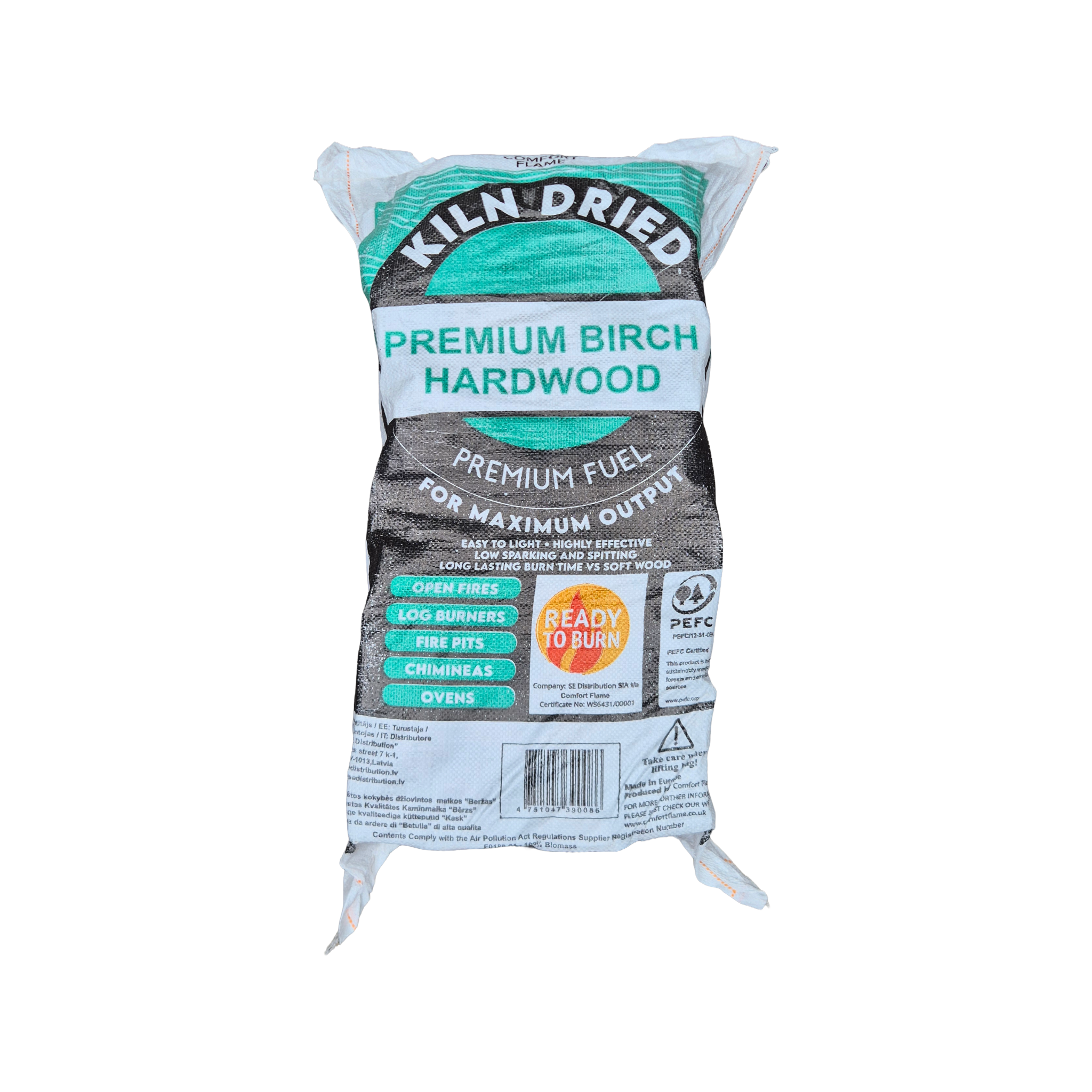 A bag of Kiln Dried Premium Birch Hardwood firewood logs, shown on a plain white background.