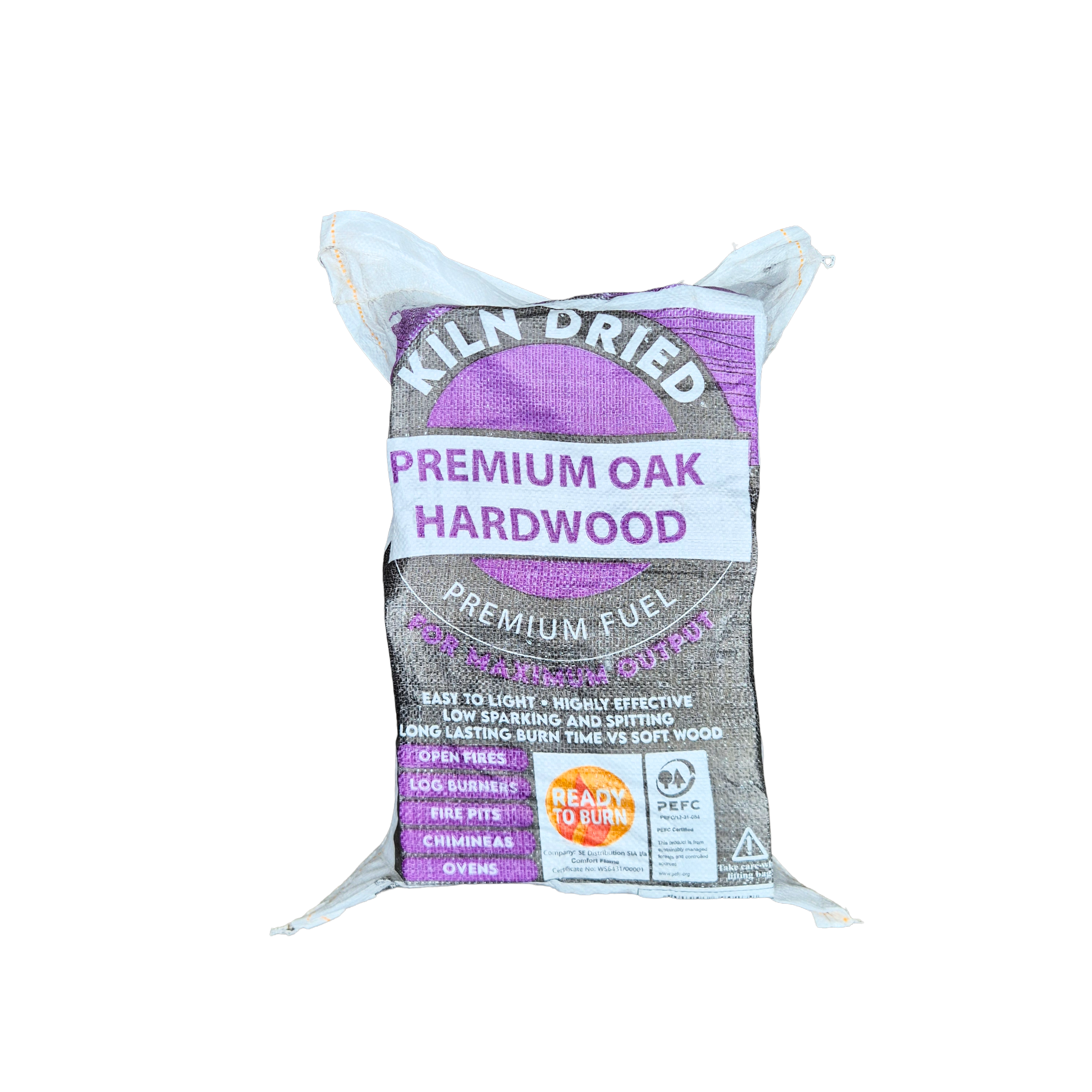 White stitched bags of kiln-dried oak logs