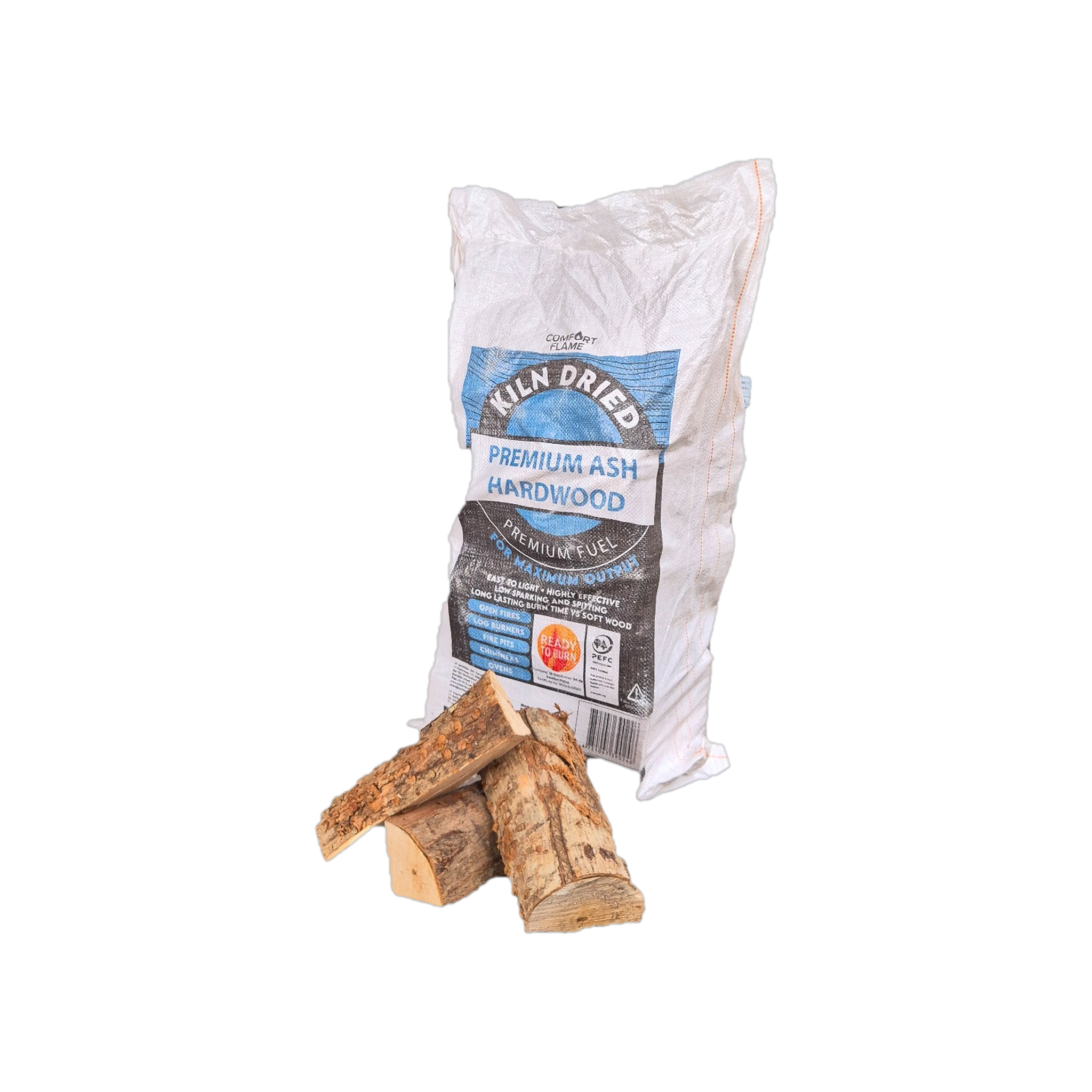 Bag of kiln-dried premium ash hardwood with two logs on a white background
