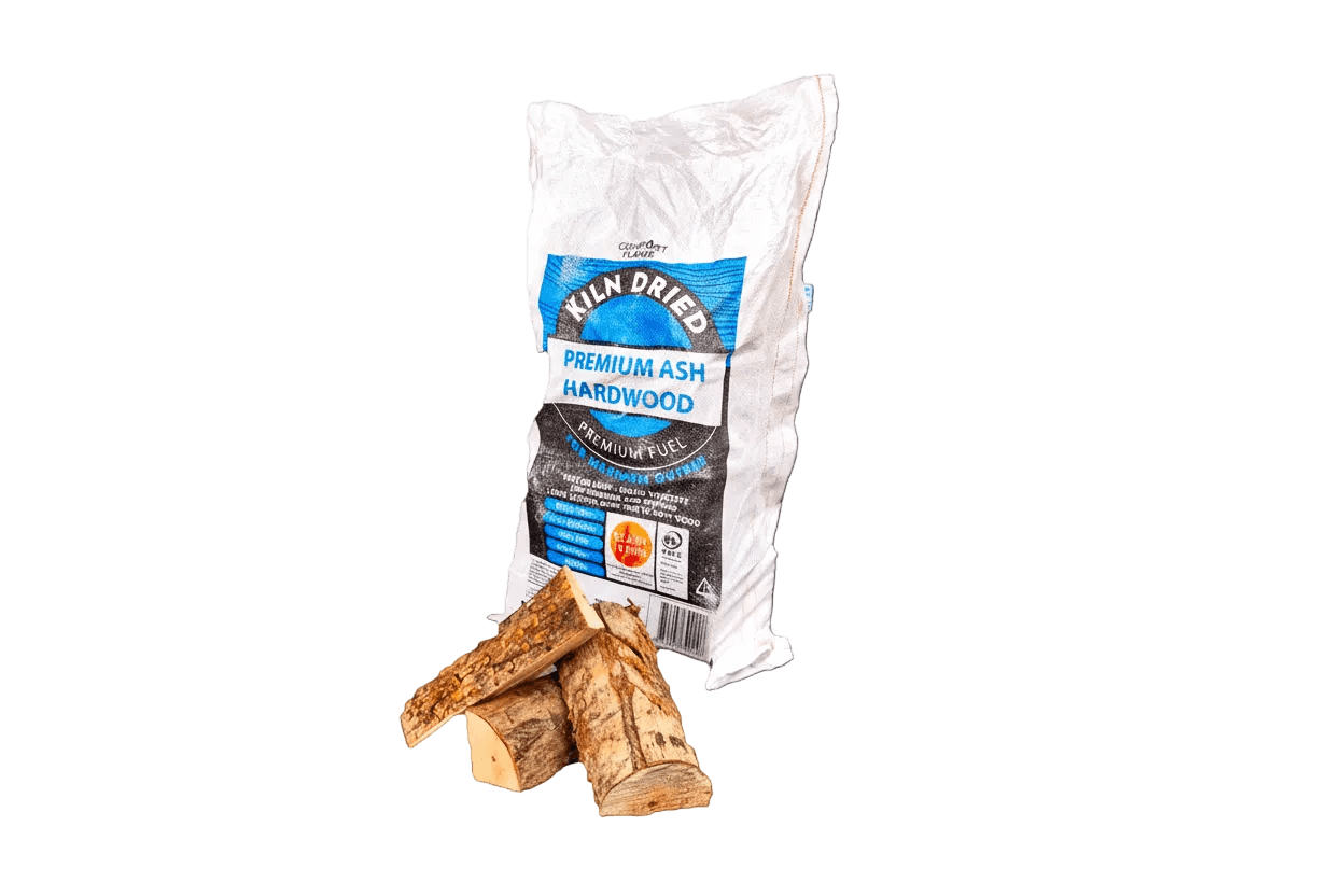 60L Boot bag of Kiln-Dried Ash logs with bag and logs arranged, ideal for efficient burning in wood burners.